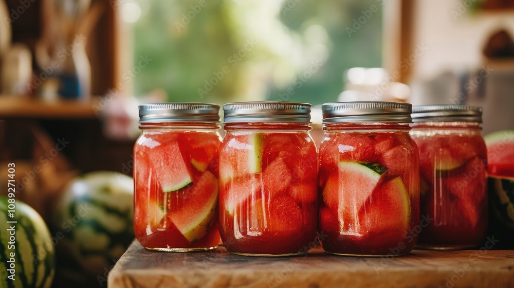 Fermented vegetarian preserves featuring vibrant watermelon slices in glass jars on a rustic kitchen table, promoting gut health and colorful canning aesthetics. Fermented vegetarian preserves featuring vibrant watermelon slices in glass jars on a rustic kitchen table, promoting gut health and colorful canning aesthetics.