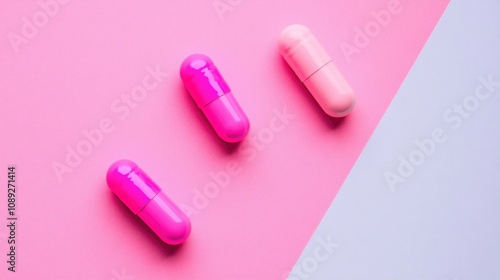 Colorful minimalist capsules in pink hues on a split background, showcasing vibrant pink and soft pastel tones for a striking visual contrast.