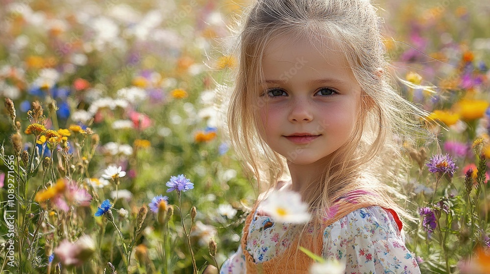 Young girl with a sweet smile standing in a vibrant wildflower field, surrounded by colorful blossoms under soft sunlight. Young girl with a sweet smile standing in a vibrant wildflower field, surrounded by colorful blossoms under soft sunlight.