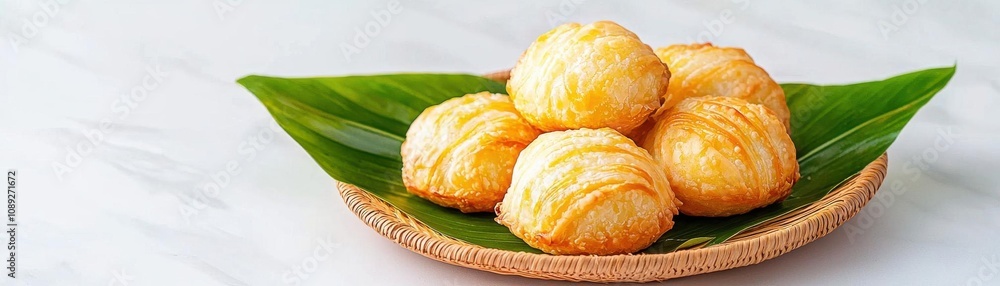Thai curry puffs on banana leaf, dim shadows, cozy appetizer, crispy and flaky texture with warmth Cozy thai food. Thai curry puffs on banana leaf, dim shadows, cozy appetizer, crispy and flaky texture with warmth Cozy thai food.