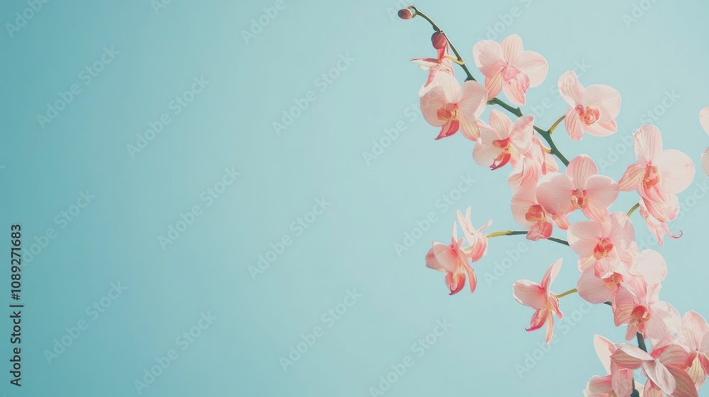 Pink Phalaenopsis and Moth Dendrobium orchids against a soft blue background creating a serene floral backdrop for greeting card design with ample text space. Pink Phalaenopsis and Moth Dendrobium orchids against a soft blue background creating a serene floral backdrop for greeting card design with ample text space.