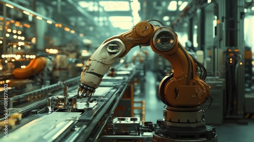 A robotic arm working on a production line in a modern factory.