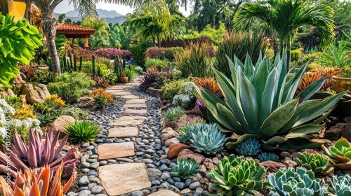 Lush home garden with diverse landscaping elements showcasing a winding stone pathway surrounded by vibrant succulent plants and tropical greenery.