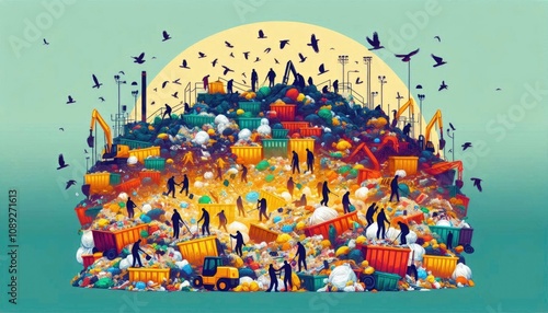 Colorful flat art illustration of an overcrowded landfill with people working amidst waste and machinery photo