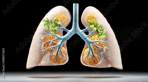 The human respiratory system consists of two lungs, each divided into lobes photo