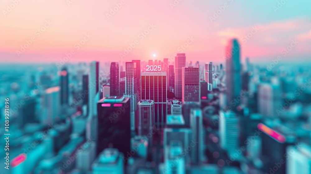 Fototapeta premium Futuristic city skyline with a vibrant sunset glow.