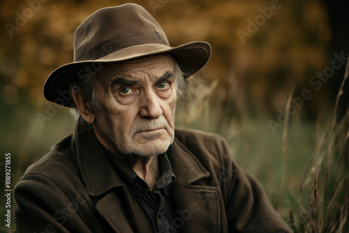 Elderly Caucasian man in hat gazing thoughtfully outdoors, surrounded by tall grass and autumnal hues, conveying a sense of introspection and tranquility.