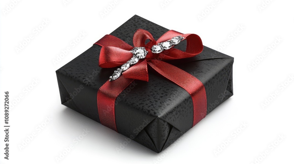 Elegant black gift box adorned with a stylish red ribbon and embellishments, perfect for Black Friday, Christmas, New Year, or birthdays. Elegant black gift box adorned with a stylish red ribbon and embellishments, perfect for Black Friday, Christmas, New Year, or birthdays.