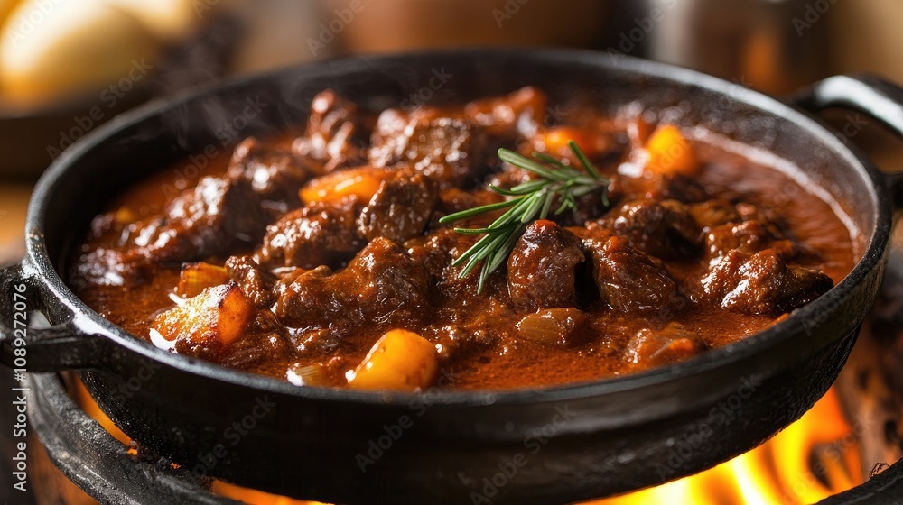 Traditional goulash simmering over an open flame in a rustic pot, featuring tender beef, vegetables, and aromatic herbs in rich, savory sauce. Traditional goulash simmering over an open flame in a rustic pot, featuring tender beef, vegetables, and aromatic herbs in rich, savory sauce.