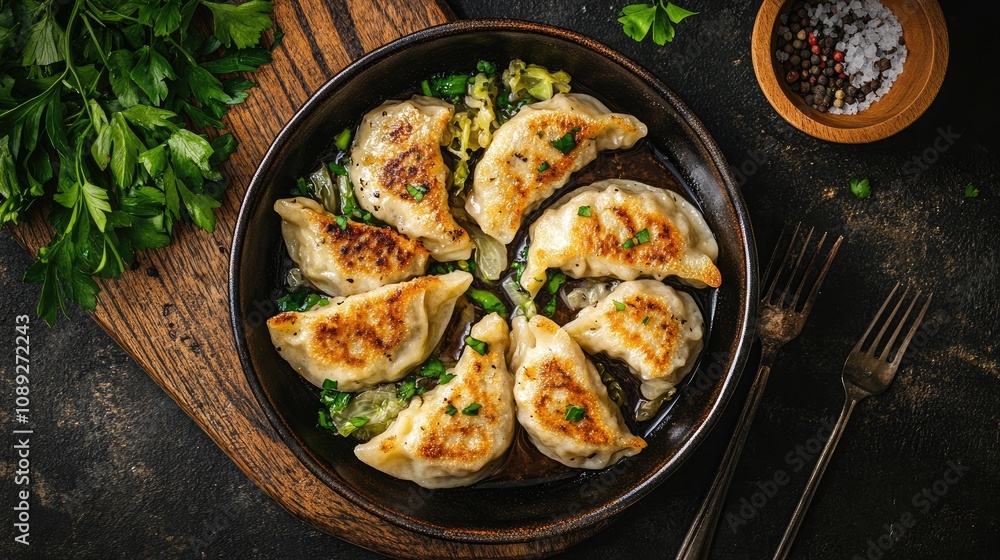 Handmade pork and cabbage dumplings beautifully arranged on a rustic plate, garnished with herbs, showcasing traditional winter solstice cuisine. Handmade pork and cabbage dumplings beautifully arranged on a rustic plate, garnished with herbs, showcasing traditional winter solstice cuisine.