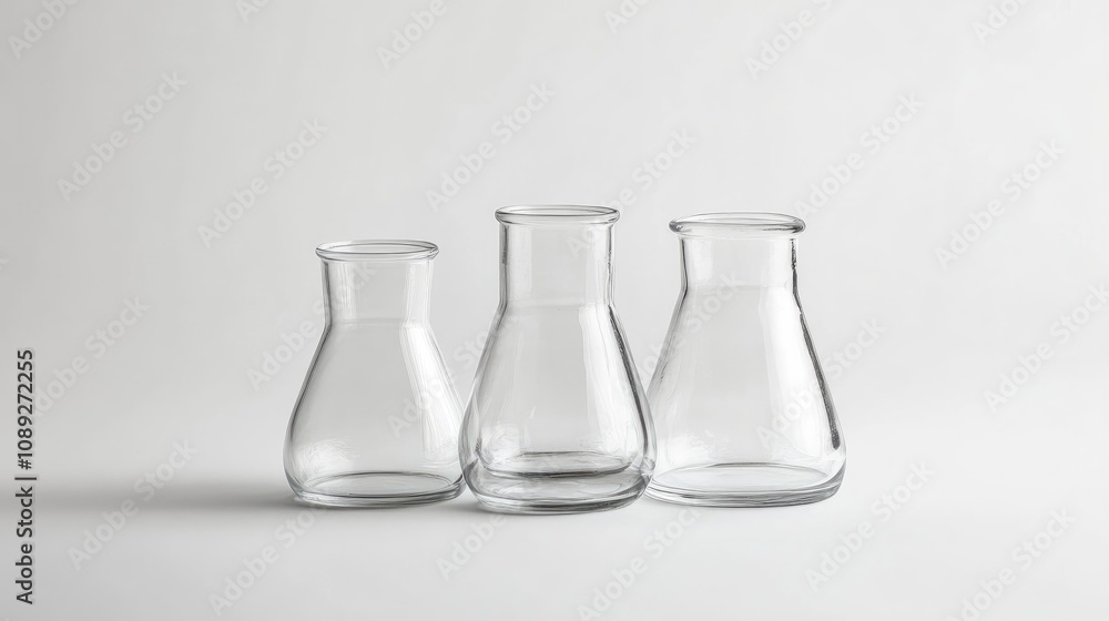 Empty laboratory flasks of varying sizes arranged on a clean white background, showcasing their clear glass and smooth contours. Empty laboratory flasks of varying sizes arranged on a clean white background, showcasing their clear glass and smooth contours.