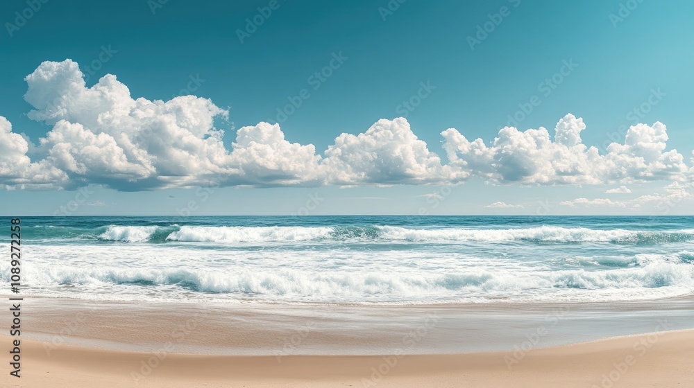 Idyllic tropical beach scene with soft white sand, gentle turquoise waves, and a bright sunny sky filled with fluffy white clouds. Idyllic tropical beach scene with soft white sand, gentle turquoise waves, and a bright sunny sky filled with fluffy white clouds.