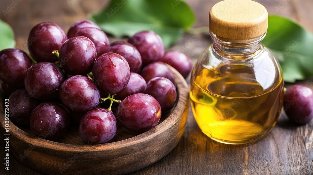 Fresh grapes in a wooden bowl accompanied by a bottle of golden grape seed oil, set against a natural background of green leaves. Fresh grapes in a wooden bowl accompanied by a bottle of golden grape seed oil, set against a natural background of green leaves.