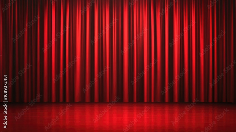 Rich, flowing red curtains draping elegantly on a theater stage, creating a luxurious and dramatic backdrop for performances.