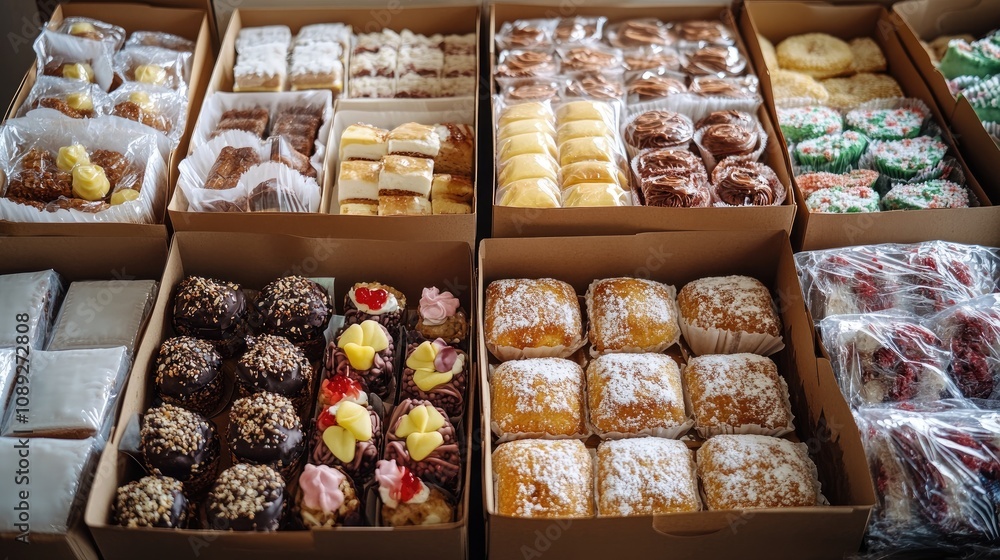 Assorted baked pastries and desserts beautifully packaged in boxes, showcasing a variety of colorful confections and treats ready for sale. Assorted baked pastries and desserts beautifully packaged in boxes, showcasing a variety of colorful confections and treats ready for sale.