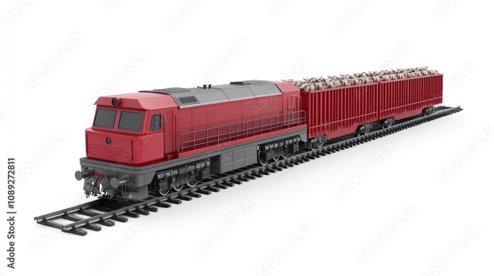A red train locomotive with a cargo car on a railway track. A red train locomotive with a cargo car on a railway track.
