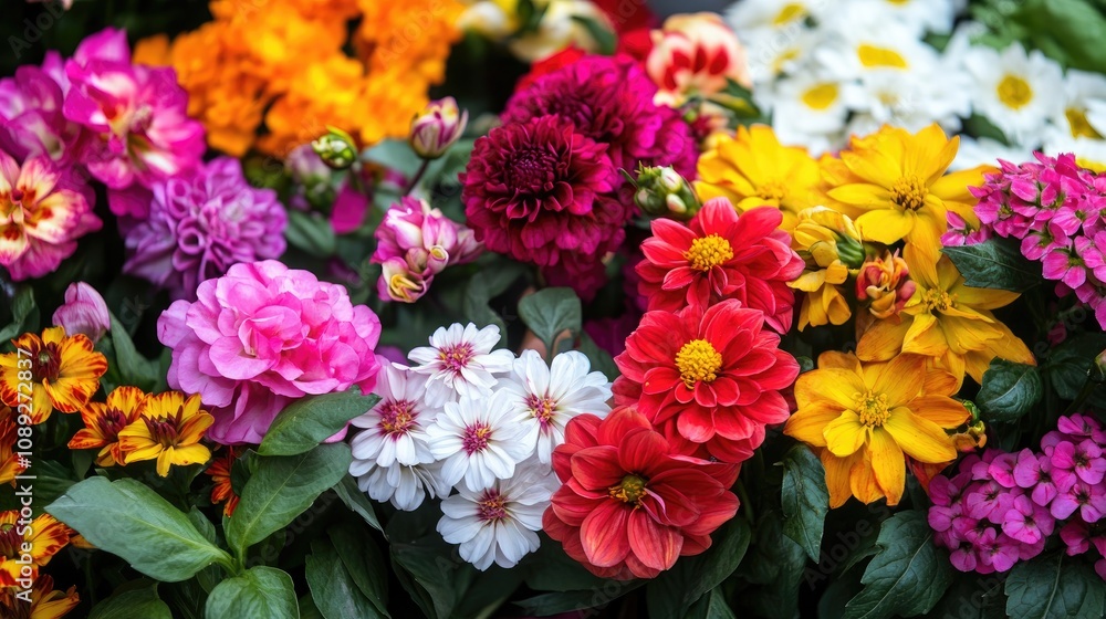 Vibrant Array of Colorful Flowers with Varied Petal Shapes and Rich Green Foliage Displaying Red, Pink, Yellow, and White Blooms Vibrant Array of Colorful Flowers with Varied Petal Shapes and Rich Green Foliage Displaying Red, Pink, Yellow, and White Blooms