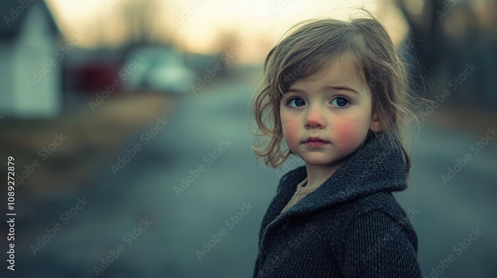 Charming child in a rural street, wearing a cozy dark sweater, gazing thoughtfully into the distance with a soft, warm light illuminating the scene. Charming child in a rural street, wearing a cozy dark sweater, gazing thoughtfully into the distance with a soft, warm light illuminating the scene.
