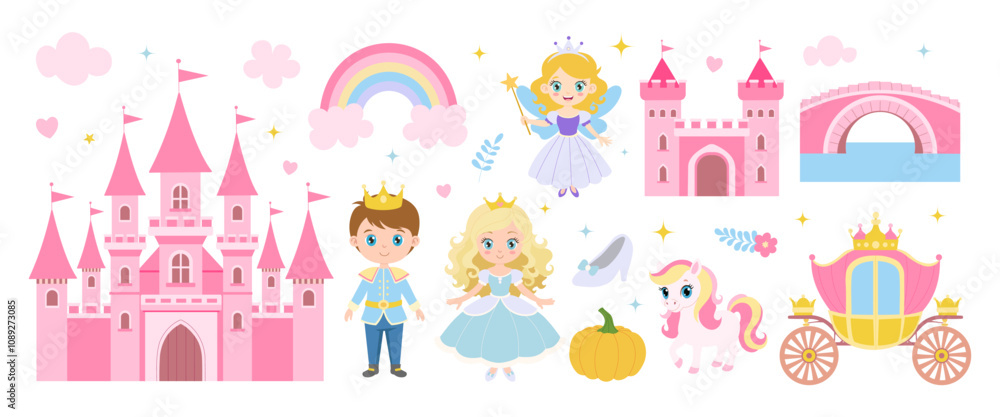 A castle with a rainbow and a princess. A princess is holding a pumpkin A castle with a rainbow and a princess. A princess is holding a pumpkin
