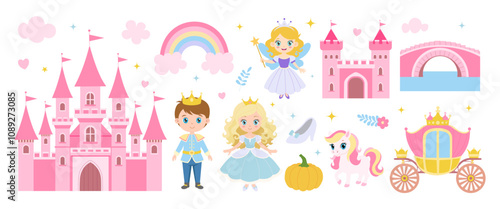 A castle with a rainbow and a princess. A princess is holding a pumpkin