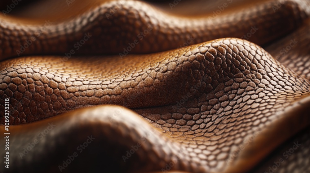 Intricate close-up of textured brown leather with wavy patterns, highlighting unique material details and craftsmanship in a rich color palette. Intricate close-up of textured brown leather with wavy patterns, highlighting unique material details and craftsmanship in a rich color palette.