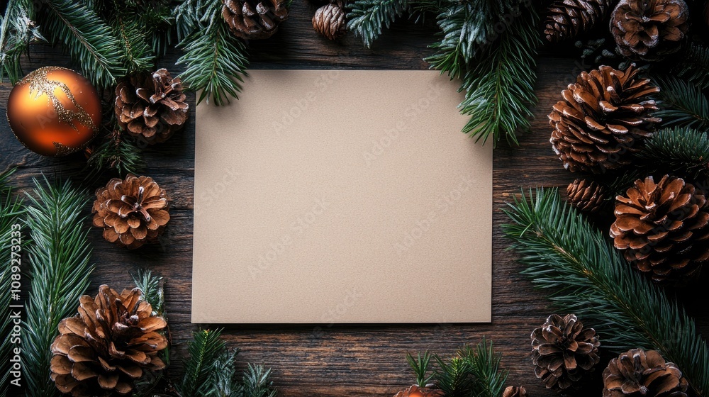 Festive holiday table setup featuring a blank paper mockup surrounded by pinecones and greenery for personalized messages