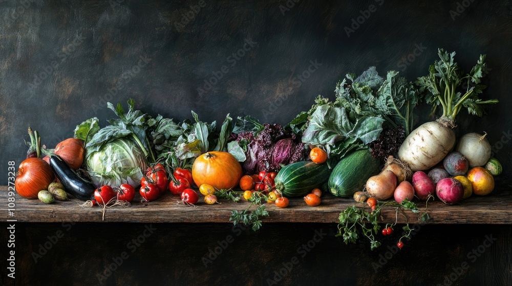 Bountiful Harvest of Colorful Seasonal Vegetables Displayed on a Rustic Wooden Table with Soft Sunlight and Rich Green Background Bountiful Harvest of Colorful Seasonal Vegetables Displayed on a Rustic Wooden Table with Soft Sunlight and Rich Green Background