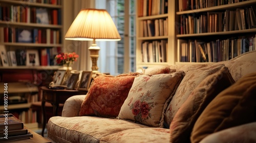 Cozy living room featuring a plush sofa adorned with colorful cushions, warmly lit by a stylish lamp, alongside a well-stocked bookshelf creating an inviting atmosphere.