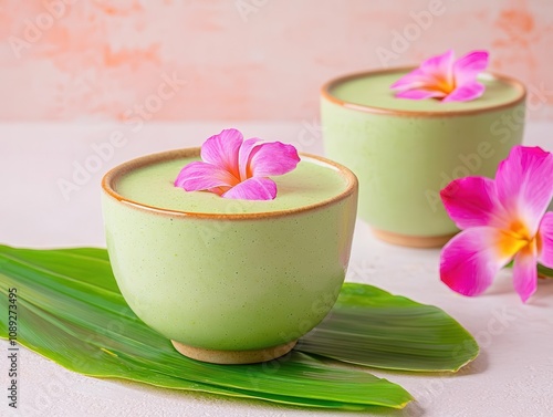 Thai pandan custard on banana leaf, warm lighting, cozy dessert, traditional and vibrant colors Cozy thai food. photo