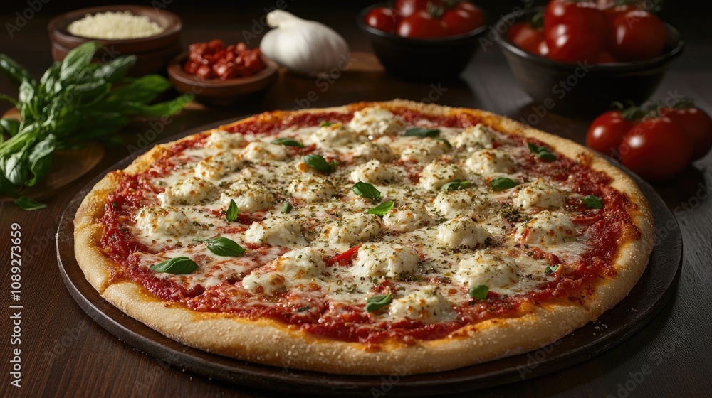 Margarita pizza featuring fresh tomato sauce, mozzarella cheese, and basil on a wooden board with vibrant ingredients in the background. Margarita pizza featuring fresh tomato sauce, mozzarella cheese, and basil on a wooden board with vibrant ingredients in the background.