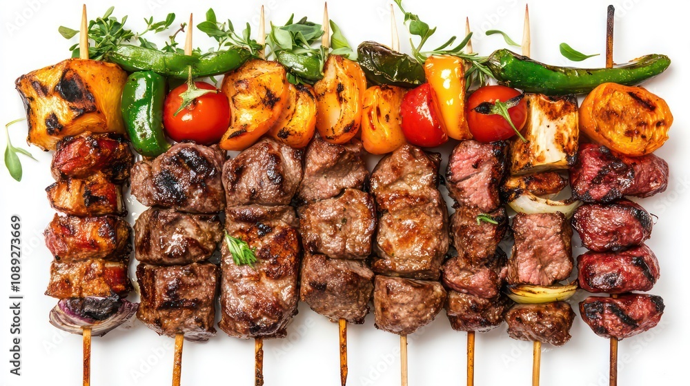 Tasty grilled Fried meat and shish kebab skewers with vegetables isolated on a white background Tasty grilled Fried meat and shish kebab skewers with vegetables isolated on a white background