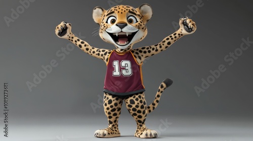 Cartoon leopard mascot in a sports jersey, celebrating with raised arms. photo