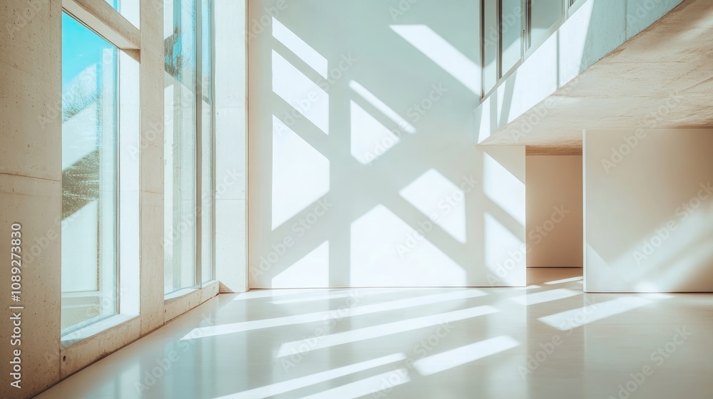 Obraz premium Spacious minimalist interior with large windows allowing sunlight to create intricate shadows on pristine white walls and smooth flooring