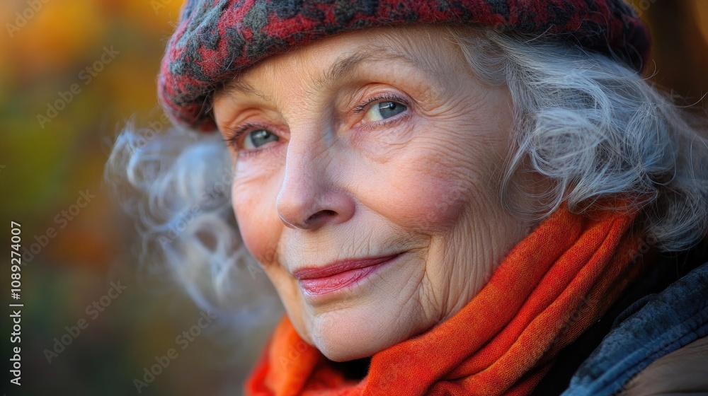 Elegant elderly woman with gray curly hair wearing a knitted hat and vibrant scarf, exuding warmth and tranquility amidst a natural backdrop. Elegant elderly woman with gray curly hair wearing a knitted hat and vibrant scarf, exuding warmth and tranquility amidst a natural backdrop.