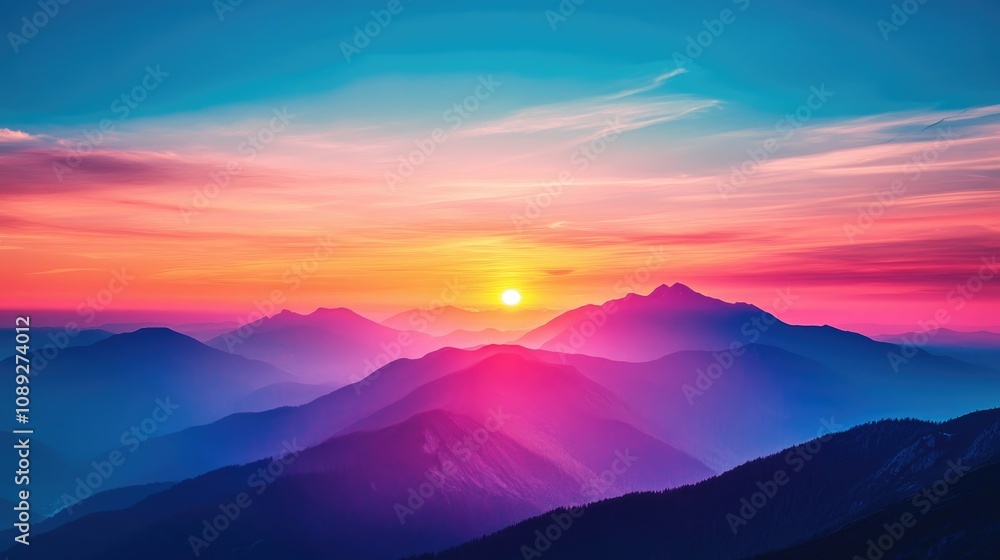 Fototapeta premium Vibrant neon sunset illuminating mountain peaks with striking colors, creating a lively spring ambiance over a scenic landscape.