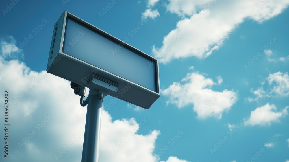 CCTV and LCD screen showing a blank interface under a sheltered area with blue sky and clouds, perfect for advertisements and commercial use. CCTV and LCD screen showing a blank interface under a sheltered area with blue sky and clouds, perfect for advertisements and commercial use.