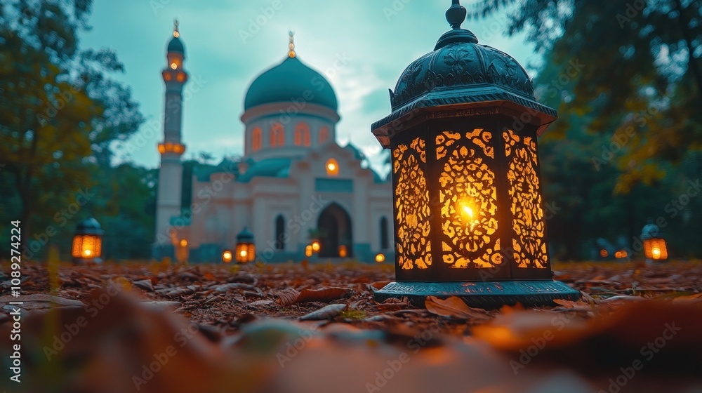 Illuminated lantern before a mosque at dusk. Illuminated lantern before a mosque at dusk.