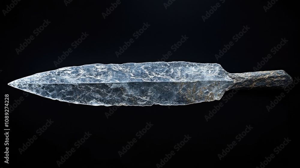 Ancient quartzite spearhead from the Atherian lithic industry showcasing intricate details, displayed against a sleek black background.