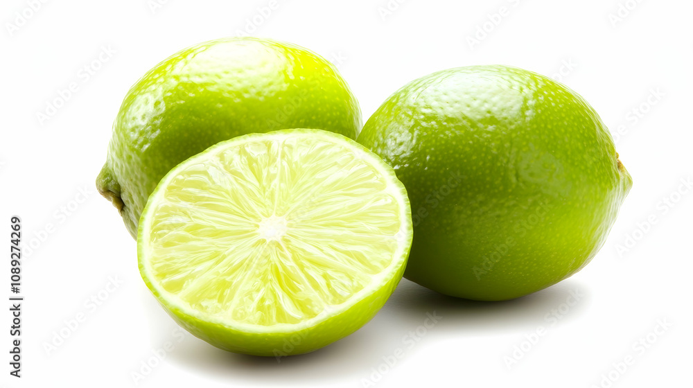 Fresh limes, one cut in half, showcasing vibrant green citrus fruit against a clean white background. Ideal for food blogs, recipes, and healthy eating concepts. Fresh limes, one cut in half, showcasing vibrant green citrus fruit against a clean white background. Ideal for food blogs, recipes, and healthy eating concepts.