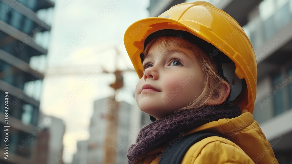 Child in a yellow helmet gazing upward, symbolizing aspirations of a future architect against an urban construction backdrop. Child in a yellow helmet gazing upward, symbolizing aspirations of a future architect against an urban construction backdrop.