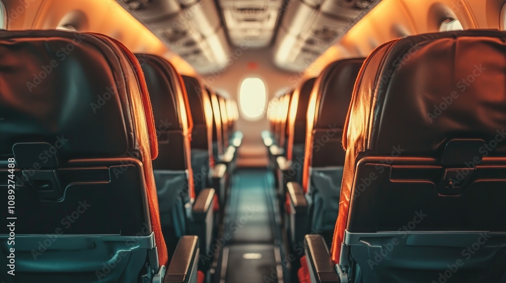 Fototapeta premium Business class cabin interior of a commercial airplane showcasing rows of empty leather seats illuminated by soft ambient lighting.