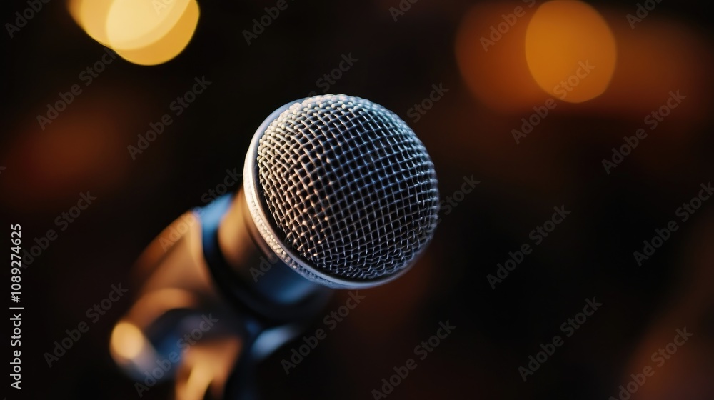 Close-up of a professional microphone against a blurred background of warm lights, symbolizing effective communication at events. Close-up of a professional microphone against a blurred background of warm lights, symbolizing effective communication at events.
