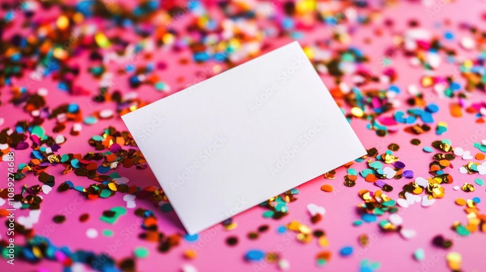 Blank card centered amidst a colorful array of glittering confetti on a pink surface, perfect for festive celebrations or invitations. Blank card centered amidst a colorful array of glittering confetti on a pink surface, perfect for festive celebrations or invitations.