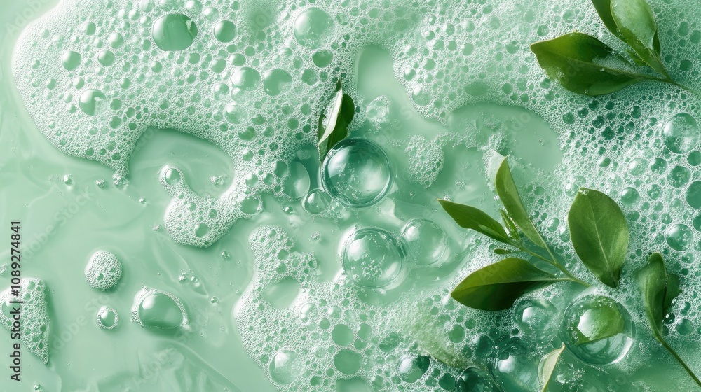 Molecular cosmetic ingredients with green bubbles and leaves on a soft mint background, emphasizing beauty and skincare concepts. Molecular cosmetic ingredients with green bubbles and leaves on a soft mint background, emphasizing beauty and skincare concepts.