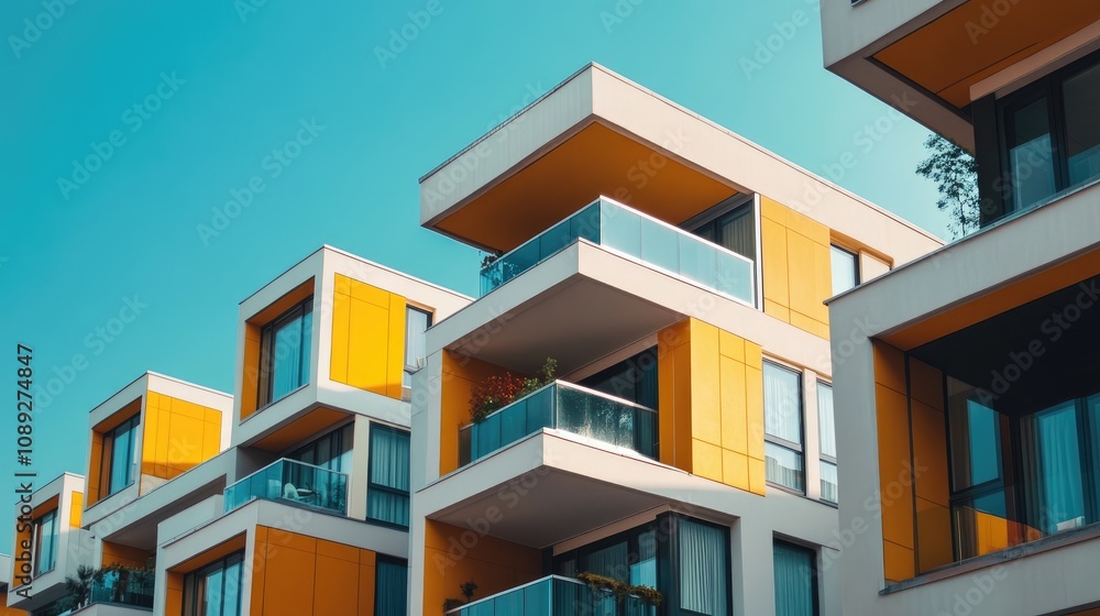 Postmodern residential complex featuring distinctive geometric designs and bright yellow accents in an urban setting Postmodern residential complex featuring distinctive geometric designs and bright yellow accents in an urban setting