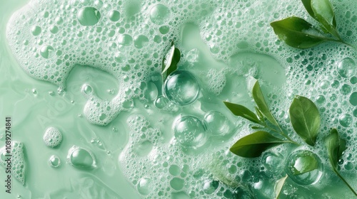 Molecular cosmetic ingredients with green bubbles and leaves on a soft mint background, emphasizing beauty and skincare concepts.