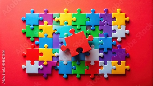 A vibrant jigsaw puzzle with a single red piece detached, symbolizing the importance of finding the missing piece to complete the whole.