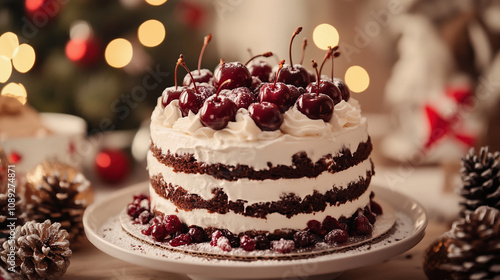 Wallpaper Mural A festive Christmas Tmaktadır decorated with dark red cherries and white cream, placed on the table. A beautiful cake made of layers covered in a rich chestnut-colored cream is placed on top of it. Th Torontodigital.ca