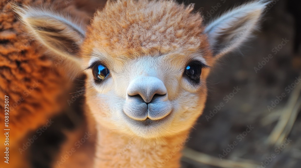 Obraz premium Close-up portrait of an adorable young alpaca with fluffy orange-brown fur and bright expressive eyes, showcasing a friendly and charming demeanor.