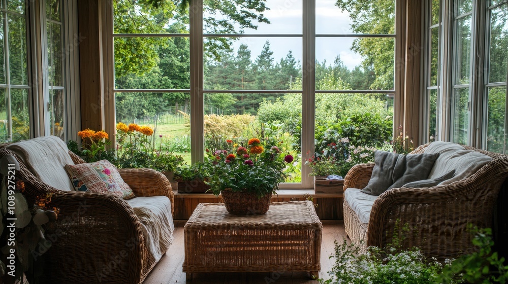 Fototapeta premium Cozy veranda with large windows overlooking a vibrant summer garden, featuring comfortable seating and potted flowers for a relaxing eco-friendly retreat.